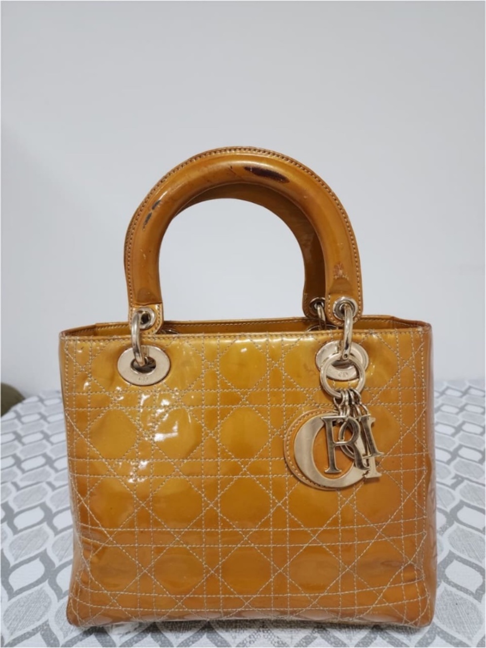 Authentic CHRISTIAN DIOR Patent Cannage Medium Lady Dior Bag Gold